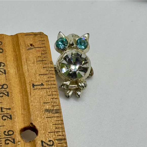 Rhinestone Owl Brooch Pin Clear Blue Stones Vintage - Picture 6 of 6
